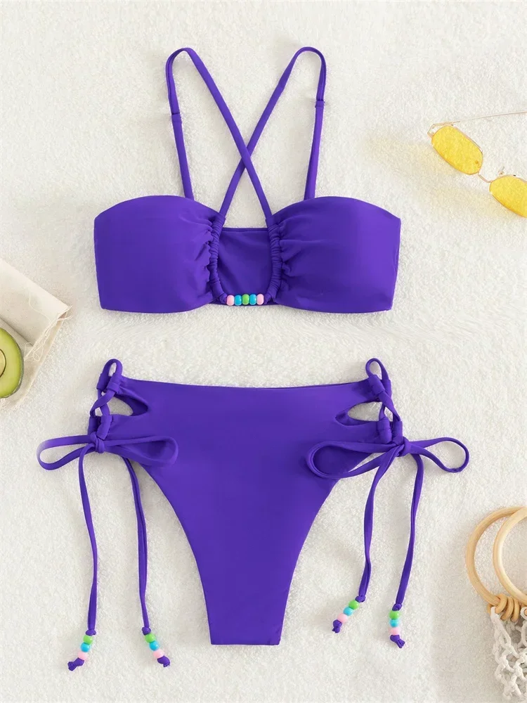 Set bikini sexy a vita alta donna 2024 arancione viola scava fuori perle push up micro costume da bagno costume da bagno da spiaggia costumi da bagno con lacci