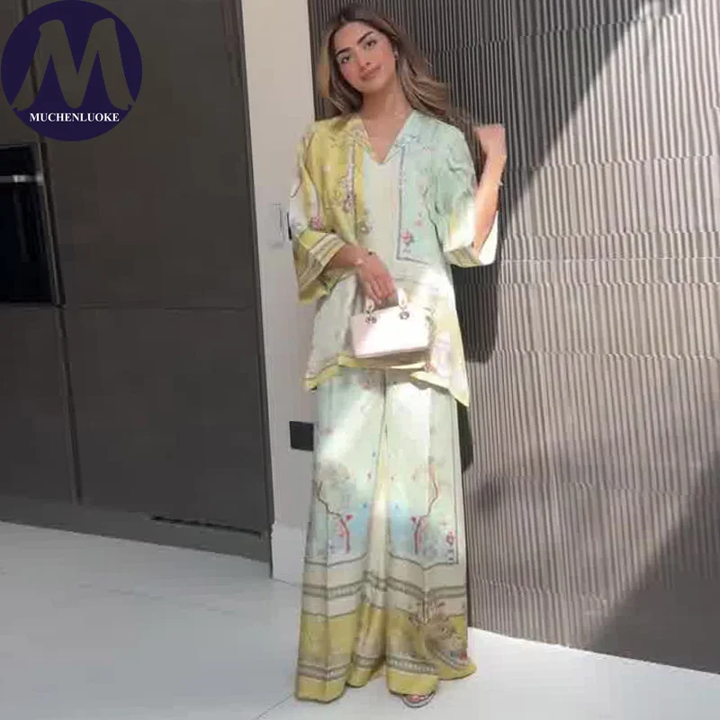 Women's Summer Two-Piece Set Elegant Printed Long Sleeve V-Neck Top Casual Loose Wide Leg Pants Ensemble Fashionable Outfit