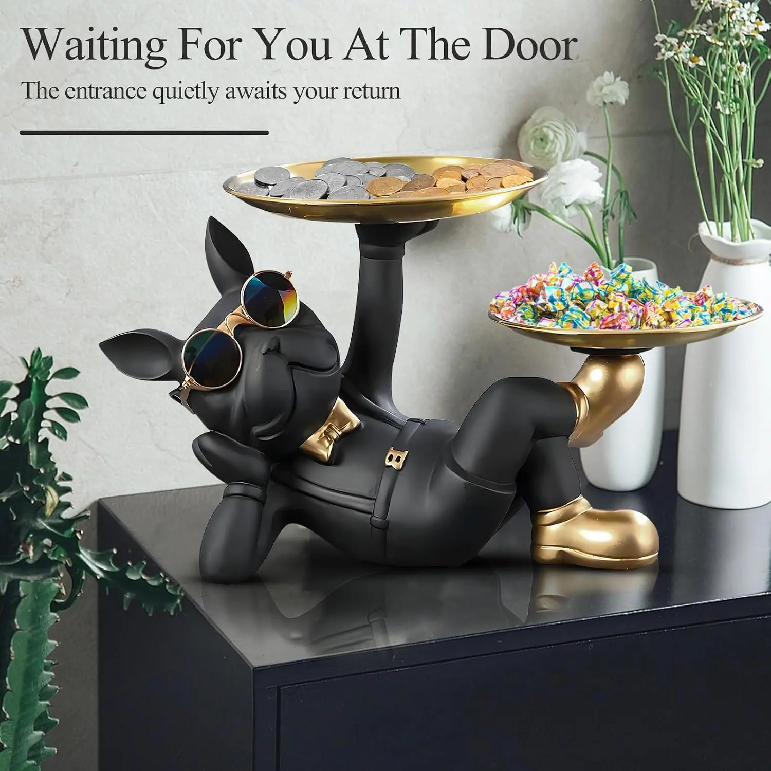 French Bulldog Statue,Resin Bulldog Decor with Tray, Candy Dish Key Holder Bowl Storage Ornament Sculpture for Home