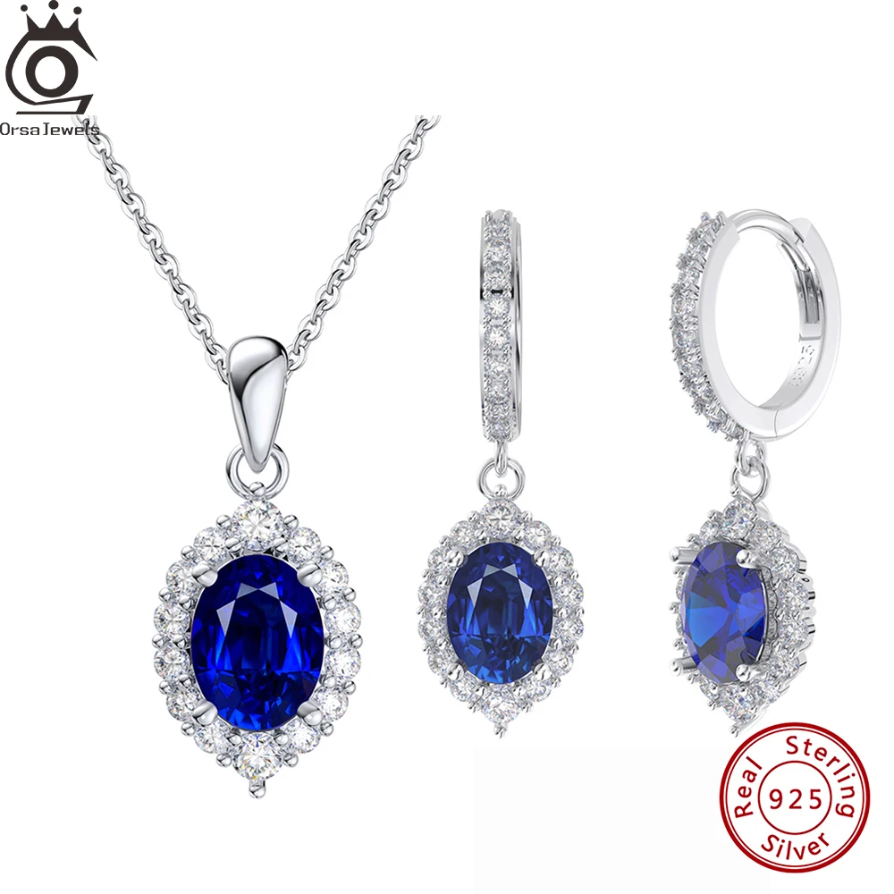 

ORSA JEWELS Oval Cut Created Sapphire Pendant Earrings Necklcae with Zirconia Soild 925 Sterling Silver CZ Jewelry Set LZE05