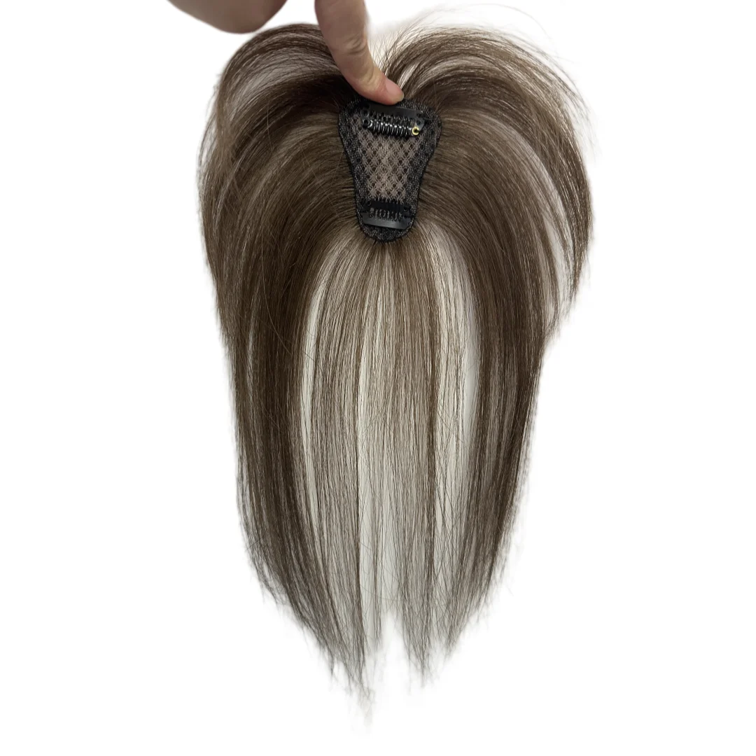 Poni Rambut Manusia Tak Terlihat untuk Wanita 4x6cm Basis Renda Swiss Warna Coklat Hairpiece Topper Jepit Ekstensi Rambut Manusia