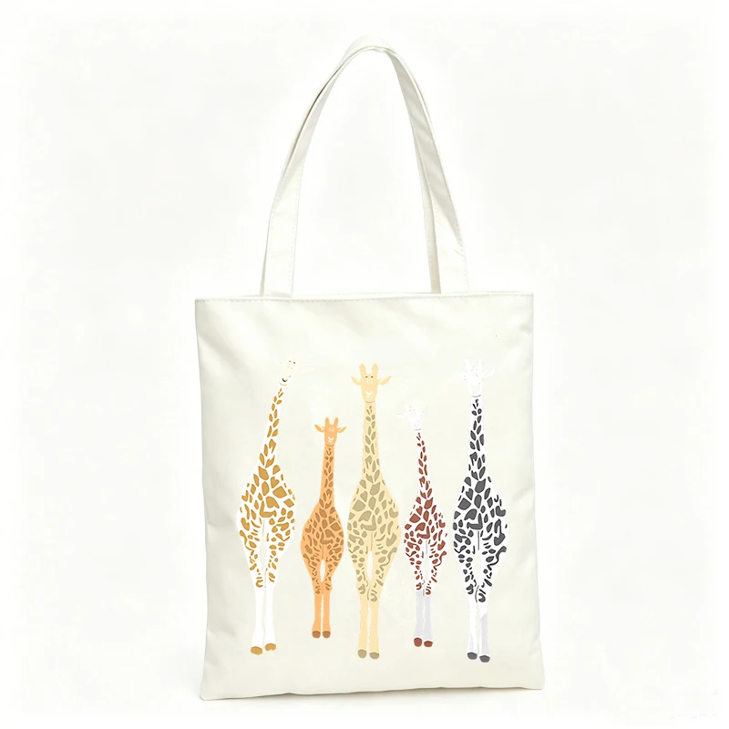 Women's giraffe pattern canvas tote bag, casual style for daily shopping and outings