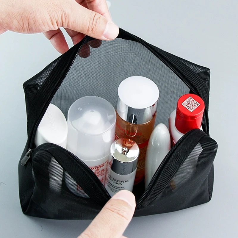 Bolsa de maquillaje de malla negra transparente para mujer, bolsa de cosméticos pequeña y grande, bolsas de almacenamiento portátiles, artículos de