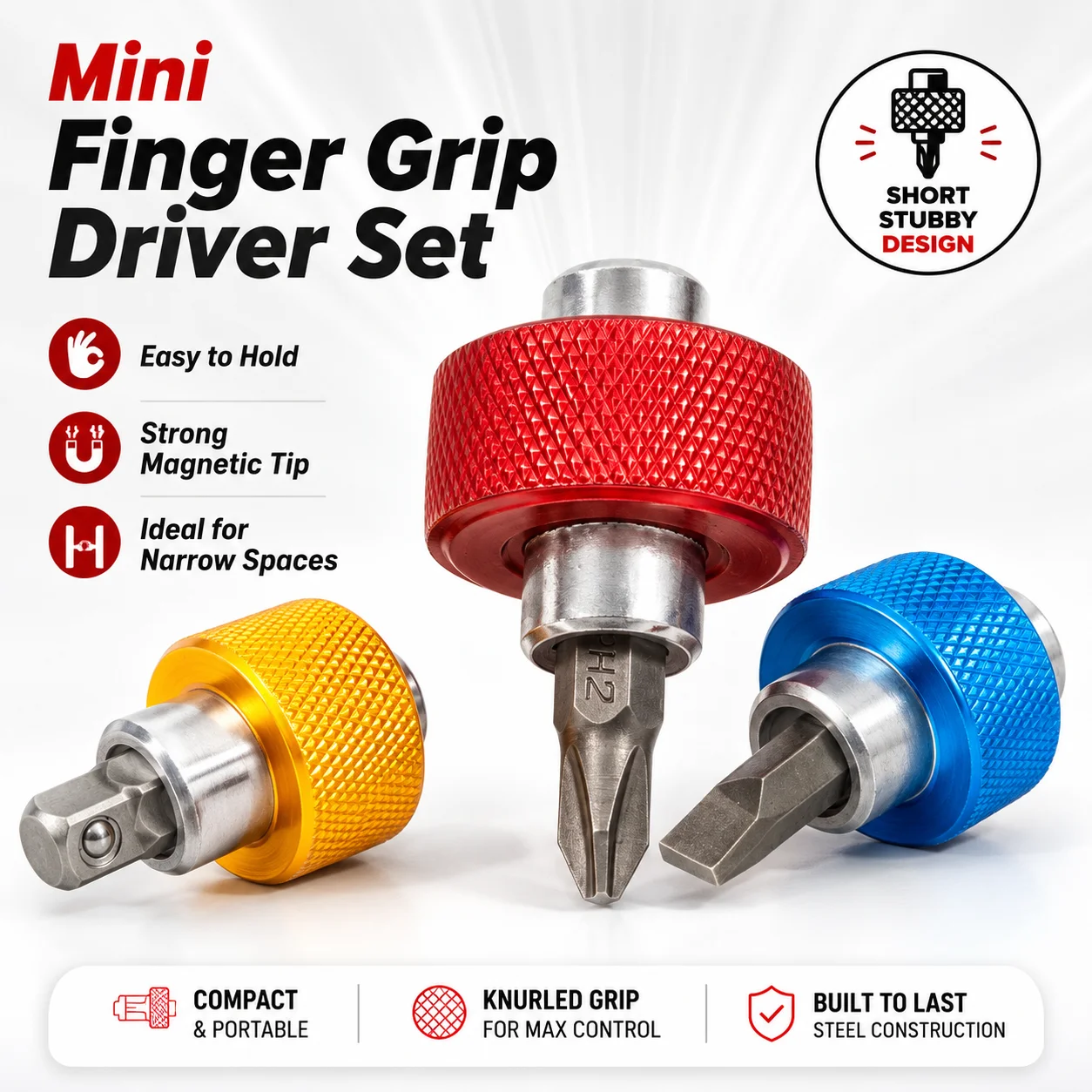 Rafford 3-teiliges Fingergriff-Schraubendreher-Set 1/4 Zoll Magnetischer Steckschlüssel Mini Stubby Schraubendreher-Bithalter Werkzeug für Enge Räume Rep – Detail 1