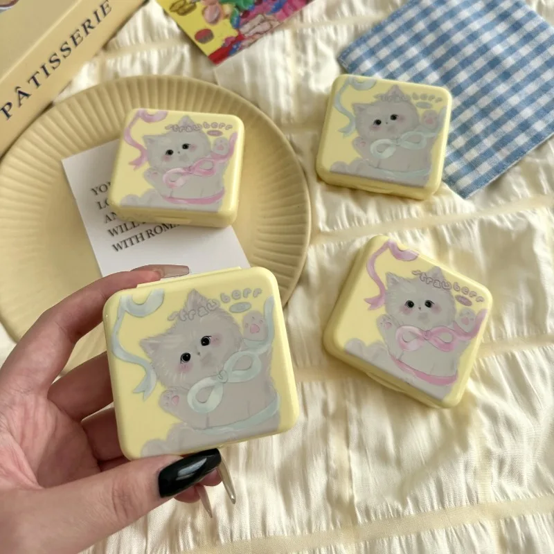

Чехол для контактных линз с милым котом и зеркалом, дорожная коробка для хранения цветных линз, портативный держатель для раствора, органайзер