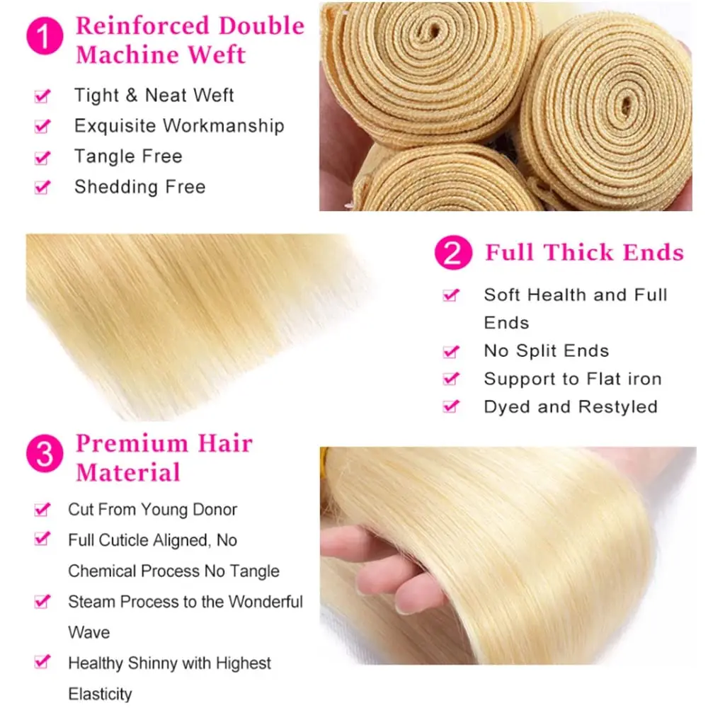 ストレート人毛束 613 ブロンド 1/3/4 ブラジル産未加工バージンレミーヘアエクステンション ウェフト束 100%人毛