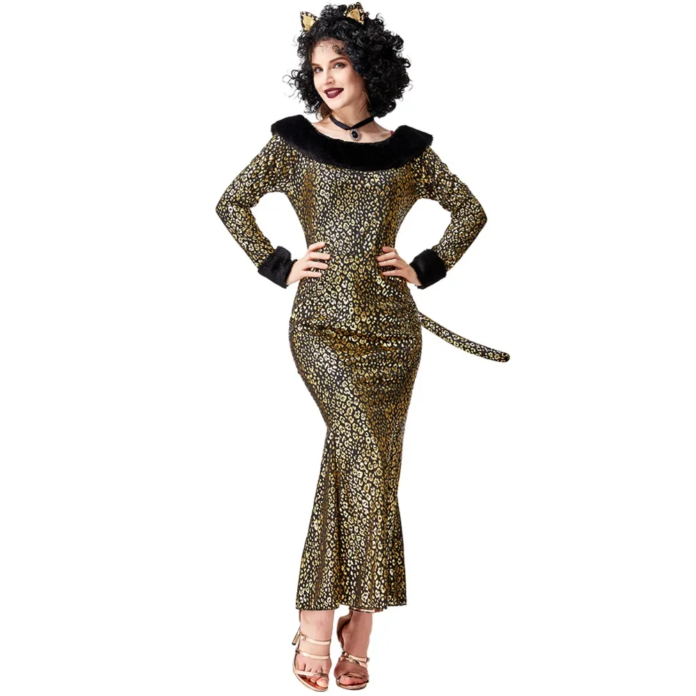 

Adult Women Animal Cat Leopard Long Sleeves Dress Halloween Cosplay Costumes Performance Role Play Outfit