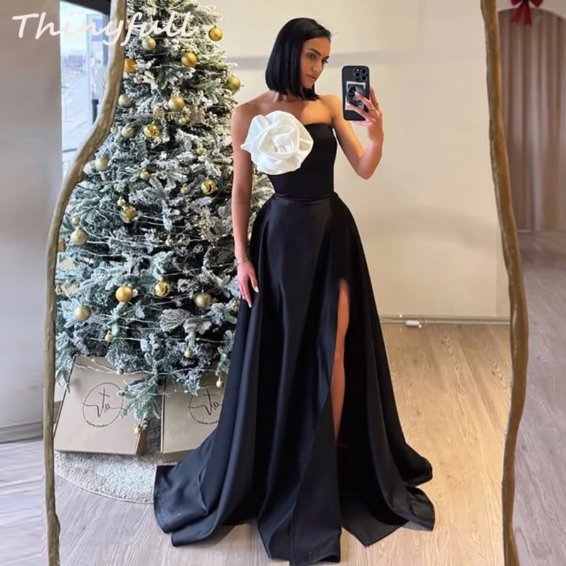 

Thinyfull A-line 3D Flower Prom Dresses Strapless Sleeveless Satin Evening Party Dress Side Split Long Special Gown Customized