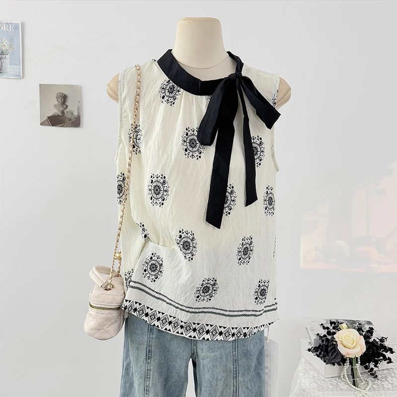 

2025 свободные летние винтажные топы, женская богемная блузка, женская одежда, универсальная рубашка без рукавов с вырезом-стойкой