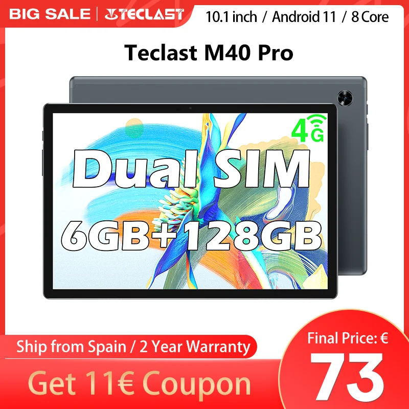 Teclast M40 Pro tablet PC networks and calls 4G 6GB RAM 128GB Rom UNISOC T618 dual SIM card slots eight core Android 11 dual WiFi 10,1 inch, 1920 screen x 1200 IPS, GPS