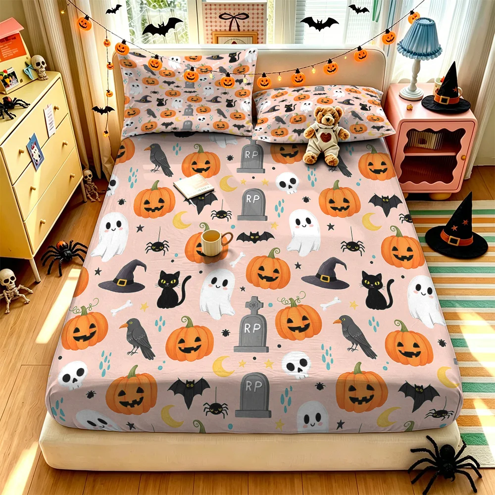 3Pcs Halloween Pumpkin Ghost Black Cat Print Bedding Set Without Filler 1 Duvet Cover 2 Pillowcases Soft Comfortable Machine