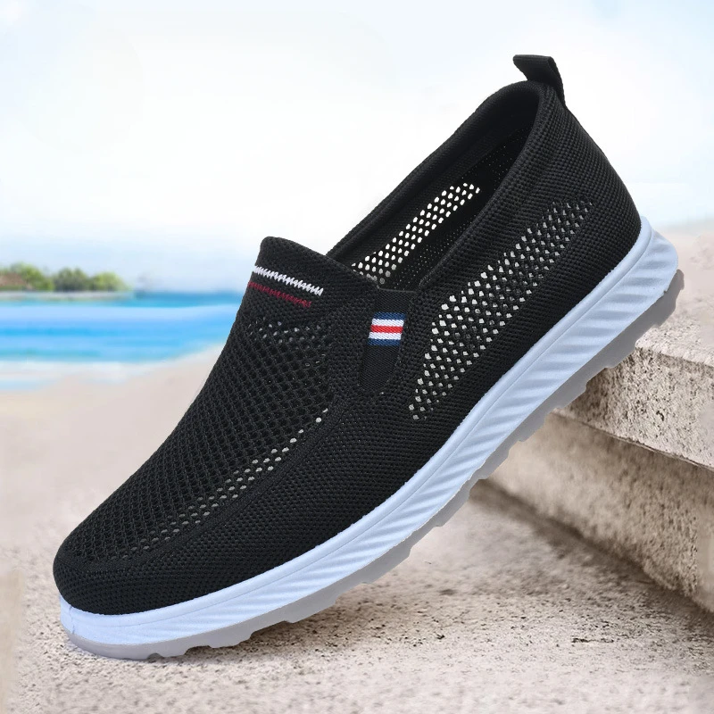 Zapatos de red informales para hombre, zapatillas sin cordones, tejidas, ahuecadas, novedad de verano, 2024