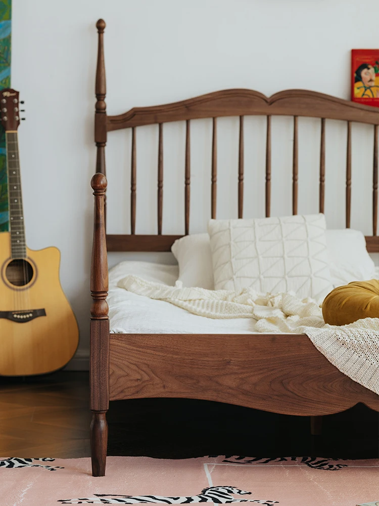black walnut, solid wood bed, Nordic, retro, single bedroom, children's bed