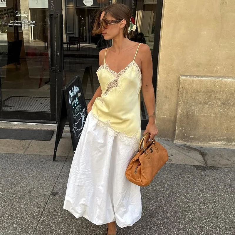 2025 Abito lungo patchwork in pizzo asimmetrico in raso caldo Abiti eleganti con orlo Cami 2025 Abito sexy da spiaggia per feste autunnali alla moda