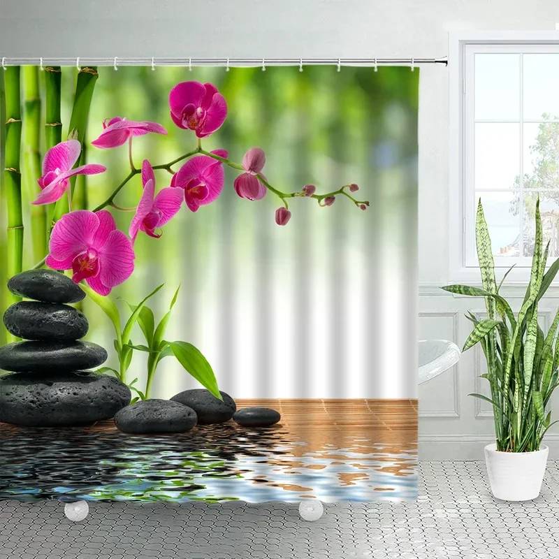 3D Black Stone Green Bamboo Zen Shower Curtain Set Purple Orchid Buddha Natural Landscape Bathroom Decor Polyester Bath Curtains