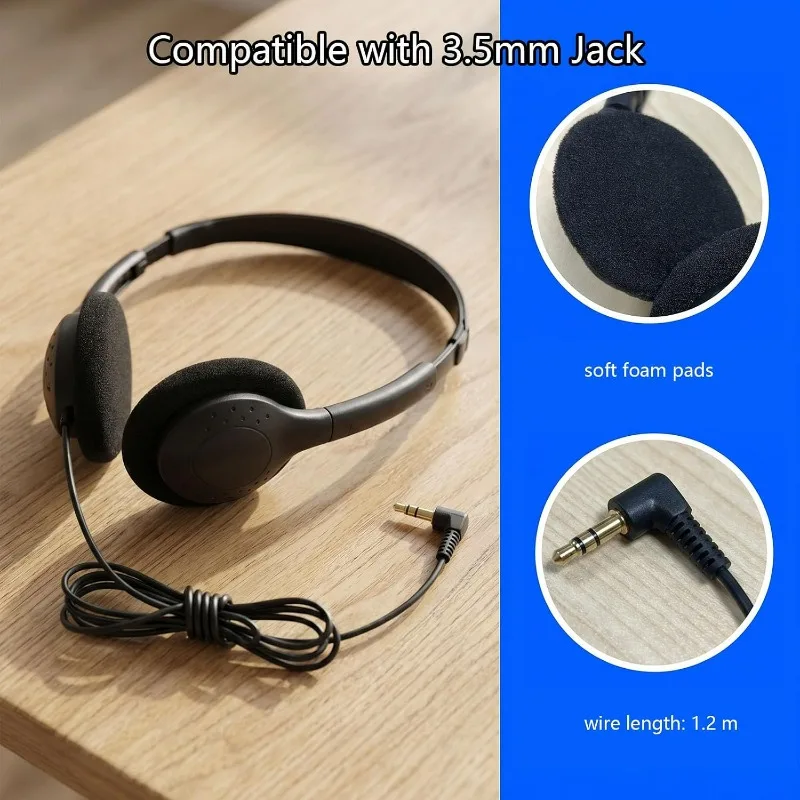 Student Bulk Wired on-Ear Headphones 3.5mm Plug Adjustable Headband Clear Stereo for Classroom Library Computer Lab