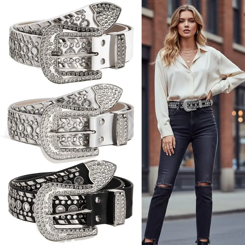

Роскошный дизайнерский ремень из искусственной кожи с блестящими стразами и заклепками, универсальный повседневный ремень с пряжкой-штифтом