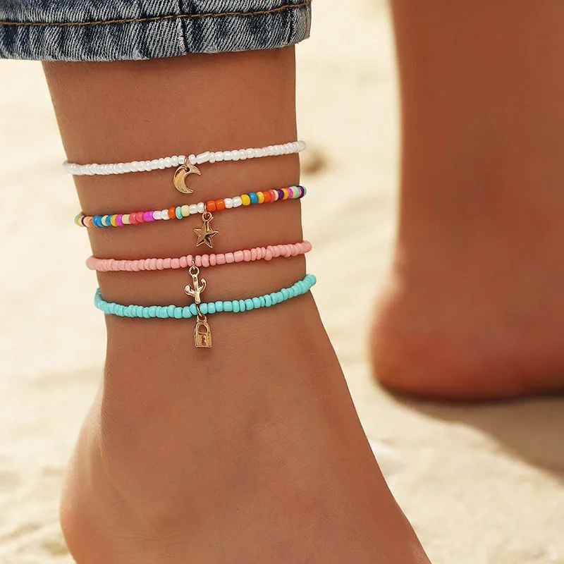 4 Pcs/set Bohemian Anklet Foot Jewelry Colored Glass Rice Beads Handmade Beaded Stars Moon Lock Elastic Bracelet For Women Legs