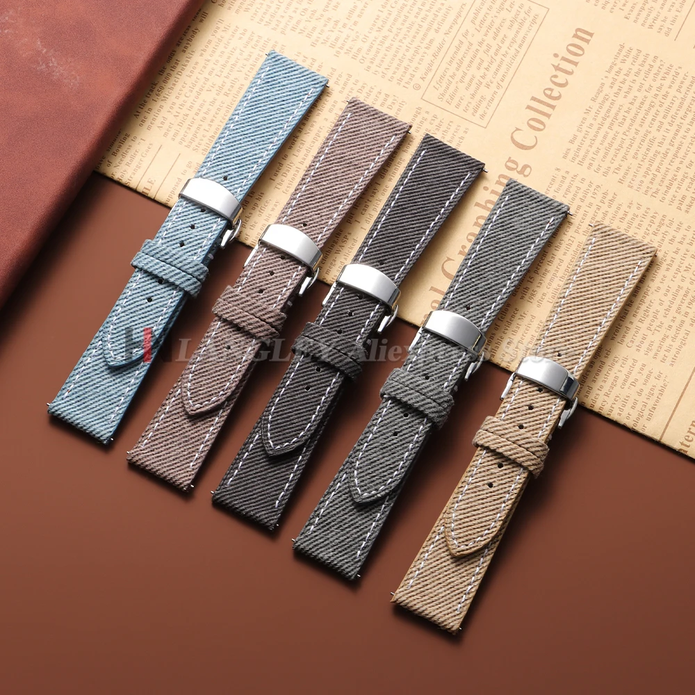 Denim Nylon Sailcloth Watch Strap 18mm 20mm 22mm for Omega for Seiko Business for Men Women Butterfly Buckle Universal Bracelets