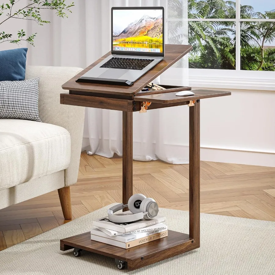 C Shaped End Table Rolling Side Table with 4Way Convertible Desktop Wooden C Table with ltifunctiol Folding Tray Lockable Wheel