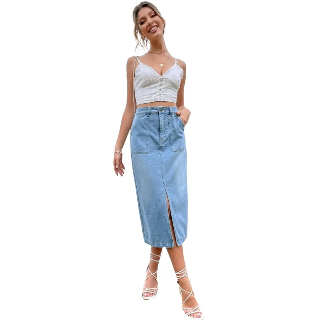 

European And American Style Women's A-Line Denim Skirt with Slit Hip-Covering Long Skirt for New Women's Fashion Pre-Sale
