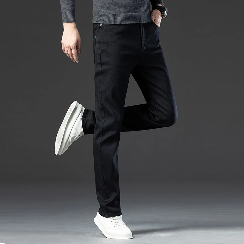 الرجال الدافئة الخريف الشتاء صوف مبطن سميكة الجينز الذكور موضة فضفاضة مستقيم الدينيم السراويل الذكية عادية سليم صالح بنطلون