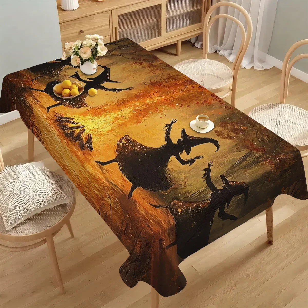 Creative Halloween Witch Bonfire Print Foldable and Easy-to-Carry Polyester Tablecloth