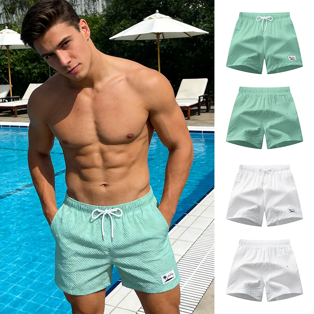 

Мужские летние повседневные пляжные шорты из сирсакера, новый летний стиль, с регулируемым шнурком, спортивные шорты с карманами