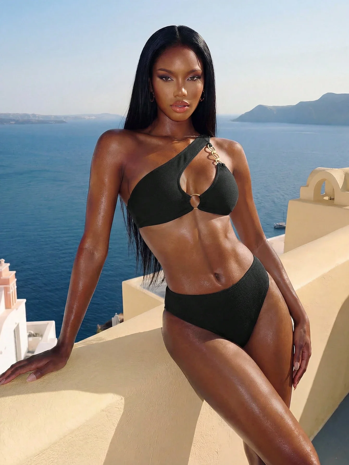 

One Shoulder Hollow Out Bikini Set With Chain Detail Black Summer Beach Swimwear