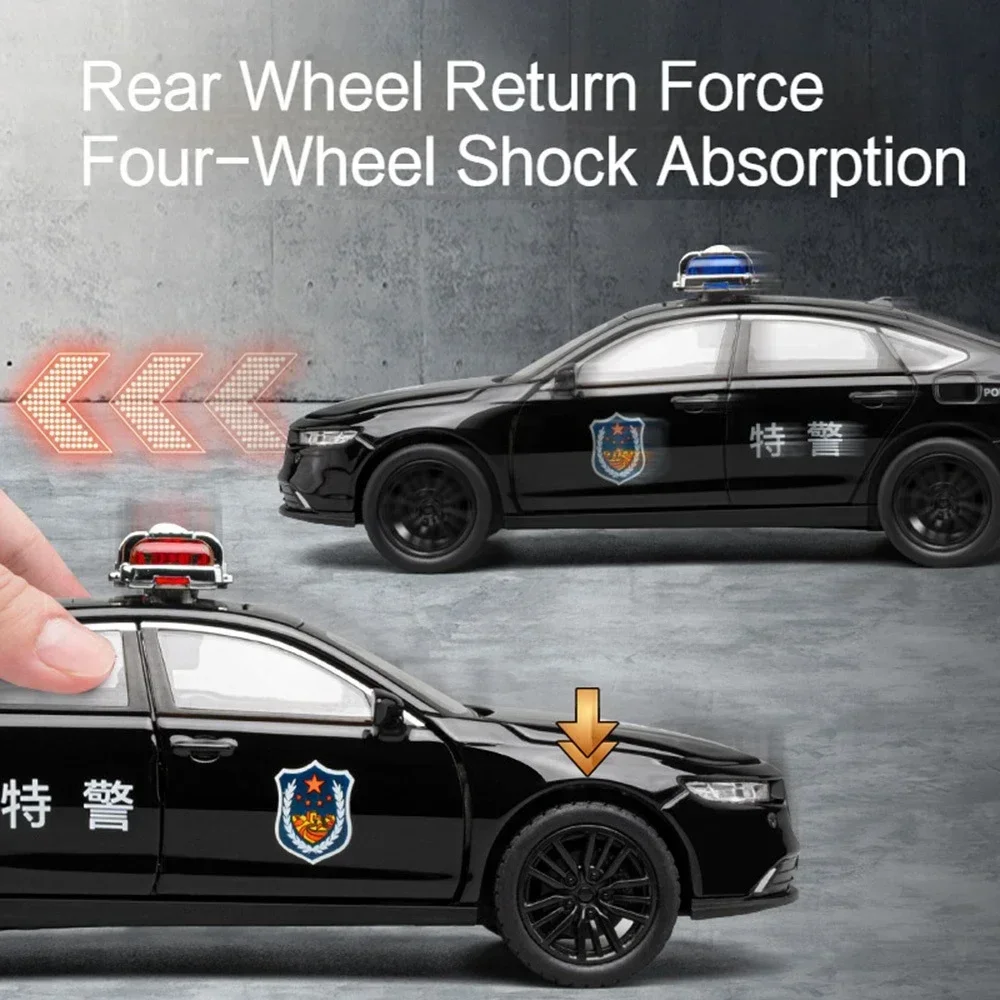 1:32 Alloy Diecast Honda Accord Police Car Toy Model with 6 Doors Opened Pull Back Sound Light Vehicles Models for Kid Gifts