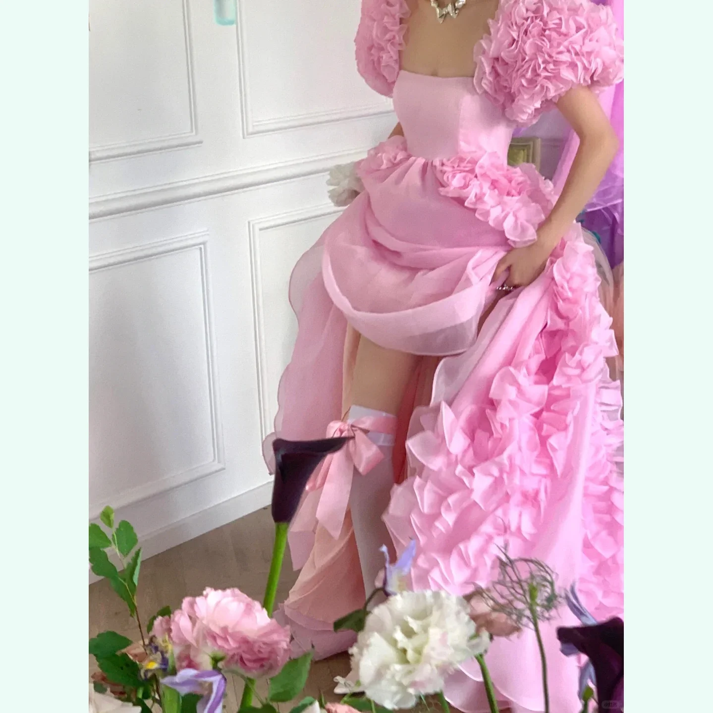 Lolita Stil Ballkleider üppige benutzer definierte geschichtete rosa Party kleid Rüschen langes Ballkleid mit Ärmeln Fotoshooting Vestido de Fiesta