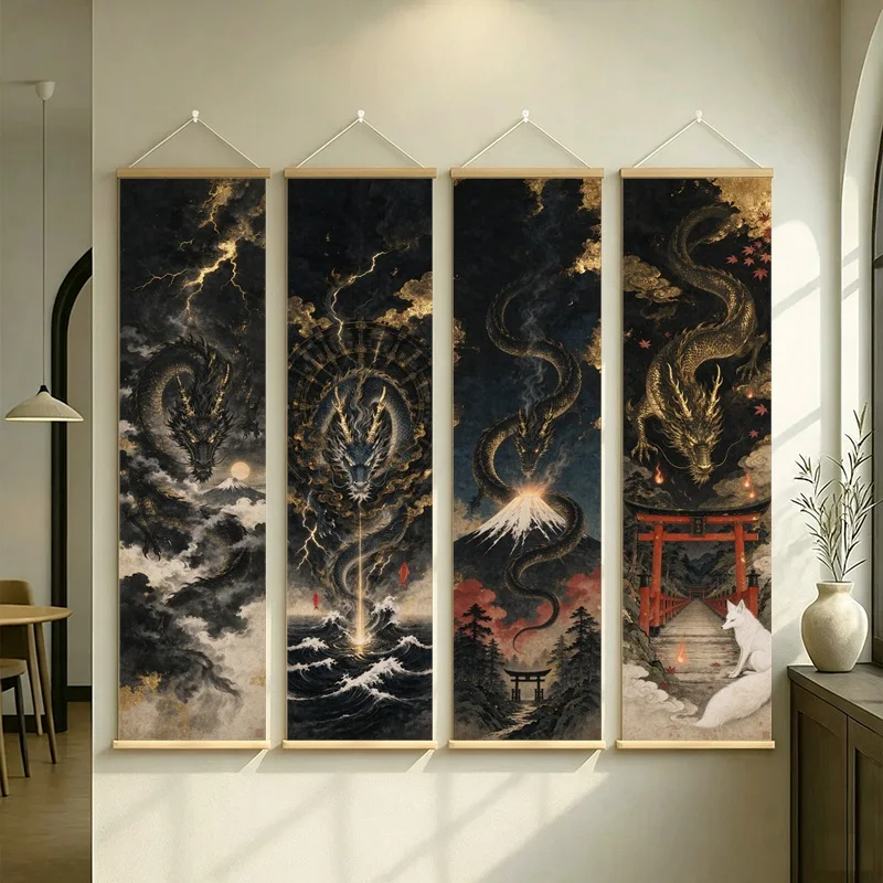 Japanese Wall Art Dark Dragons Stormy Waves and Torii Gate on Silver Shimmer Canvas for a Dramatic Living Room Decor