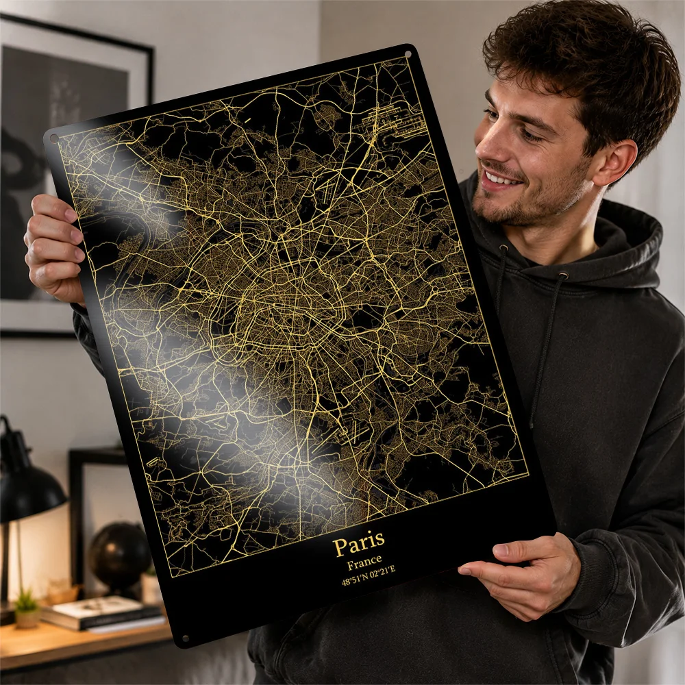 Paris France Map Printed Poster Personalized Aluminum Metal Sign City Network Layout Wall Art Enhances Library And Home Office