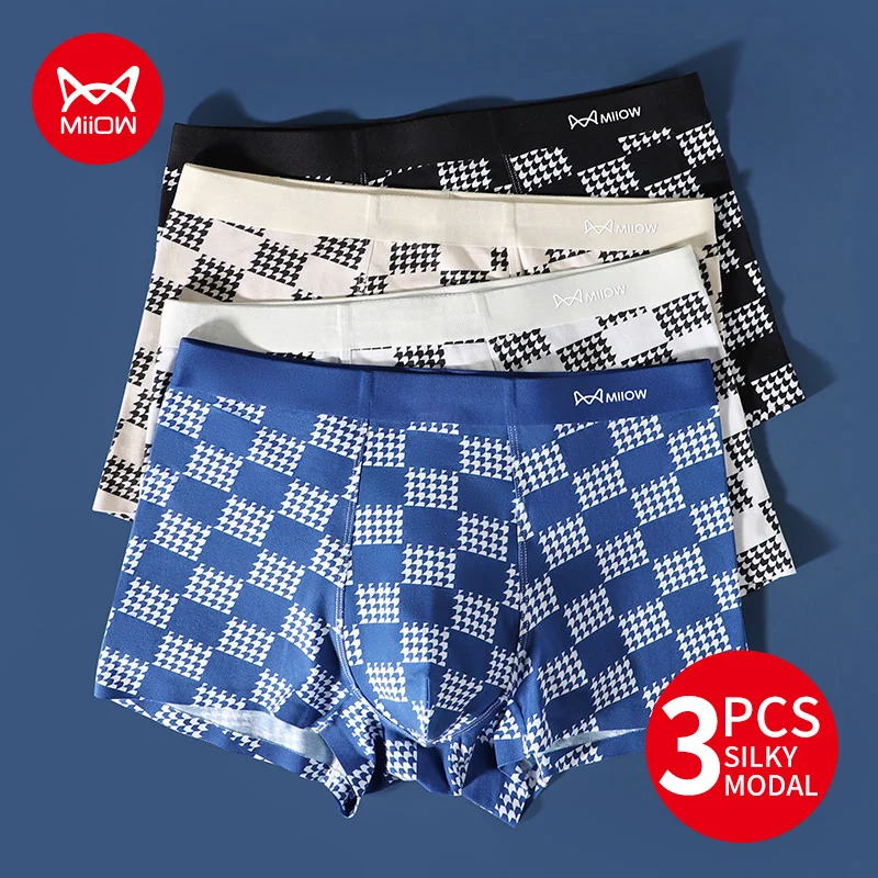 

MiiOW 3Pcs Modal Men's Panties Cotton Antibacterial Crotch Man Underwear Autumn Winter Softness Plaid Men Boxershorts Underpants