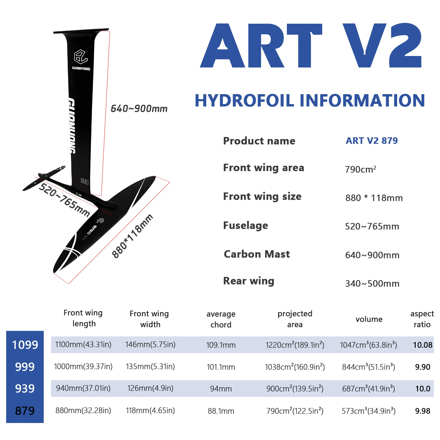 GY-ART V2 879 Carbon Fiber Hydrofoil Wing 790 Sqcm High Performance, Customizable Logo for Kite Surfing Hydrofoil Surfing