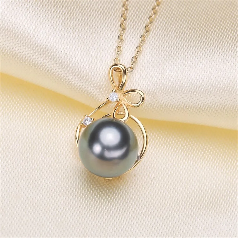 DIY Pearl Accessories S925 Silver Natural Pearl Jade Bow Pendant Fit 8-10mm Round Flat Beads D170