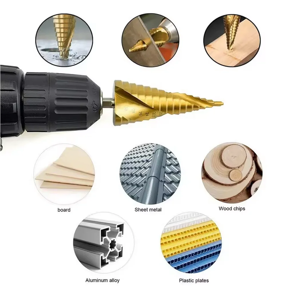 3pcs HSS Spiral Flute Grooved Titanium Coated Step Drill Bit Hex Shank Wood Metal Hole Cutter Universal Power Tools-Gold