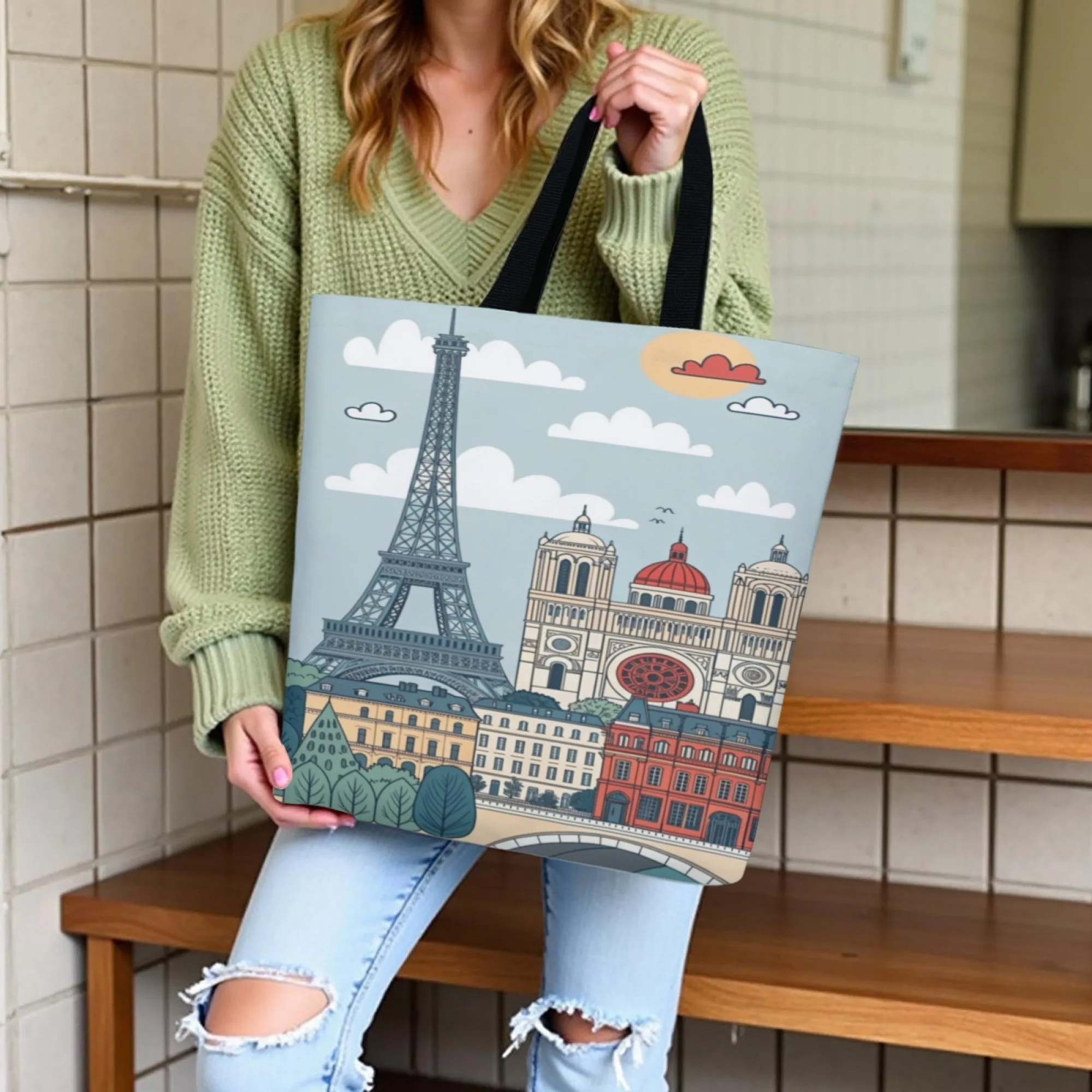 Urban Parisian Canvas Tote Bag City Landmark Art Print Women's Stylish Reusable Shopping Bag for Parisian Aesthetic Daily Life