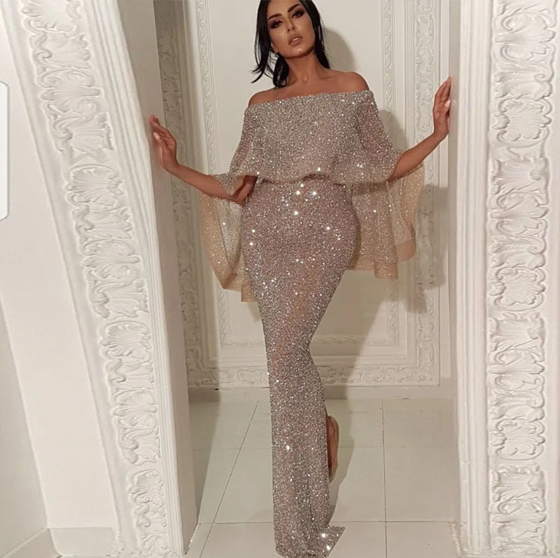 New Evening Gowns Off Shoulder Prom Dresses Shiny Mermaid Women Party Dresses Wear Gown With Cape