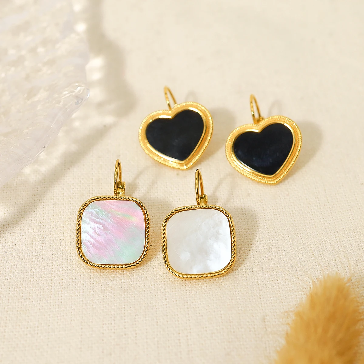 

WILD & FREE Luxury White Shell Stainless Steel Earrings for Women Simple Geometric Square Heart Ear Buckle Trendy Jewelry