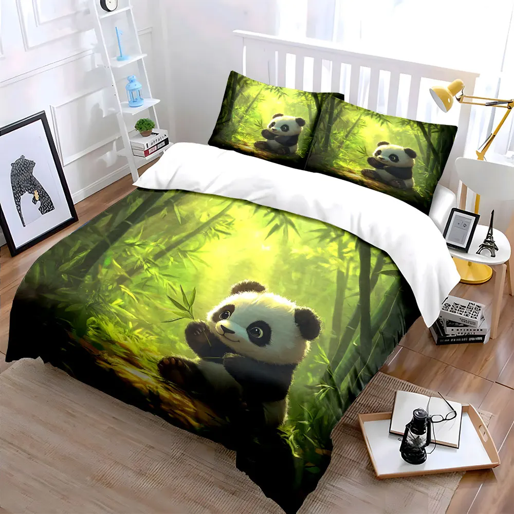 Adorable panda in bamboo forest Bedding Set for Kids Luxury Gift 3pcs Digital Print Comforter Set Soft Comfortable Breathable
