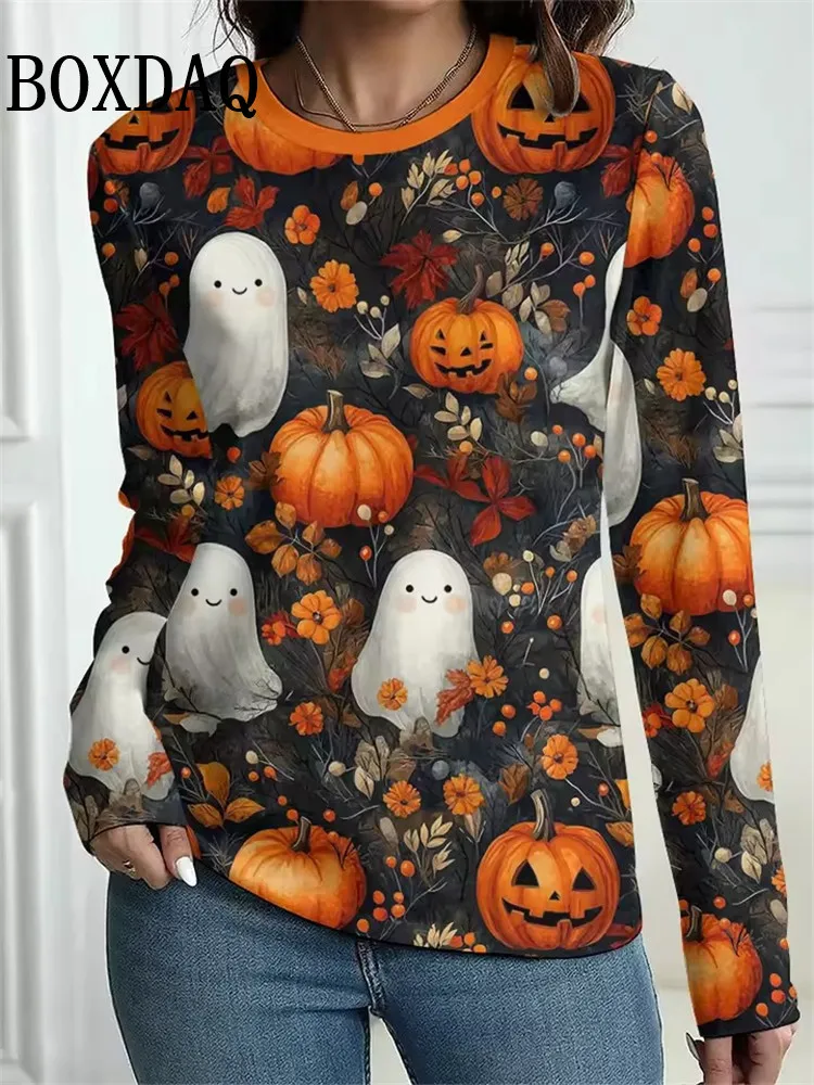 Halloween Party Women's T-Shirt 2025 Autumn Winter Fashion 3D Pumpkin Print Shirt Casual Loose Long Sleeve Female Tops Plus Size