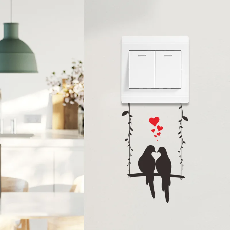 1PCS Cartoon Swing Lovebirds Switch Attached To The Living Room Porch Home Wall Valentine's Day Decorative Wall Stickers