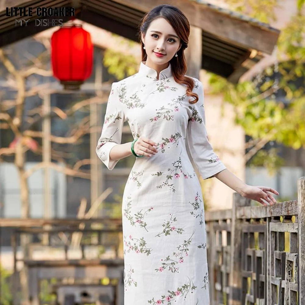 Qipao Autumn Linen Mid Length Cheongsam Dress for Women Slimming Chinese Down Retro Fashion Ethnic Style Daily Girl Dress Cotton