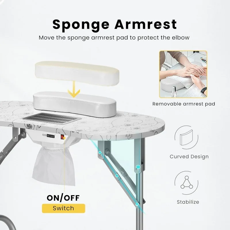 Portable Manicure Nail Table on Wheels with Built-in Dust Collector, Updated USB-Plug LED Table Lamp, Carry Bag for Home