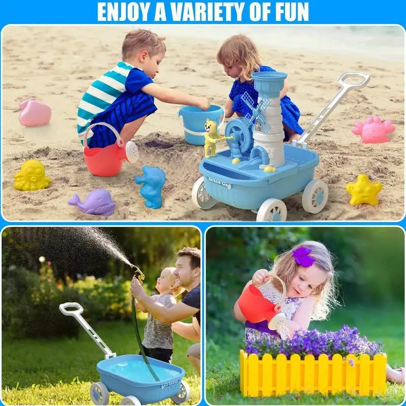 Travel Sand Toys Beach Toys For Kids 14 Pieces Marine Animal Molds Trolley Cart Water Wheel Watering Can Shovels Rakes Outdoor