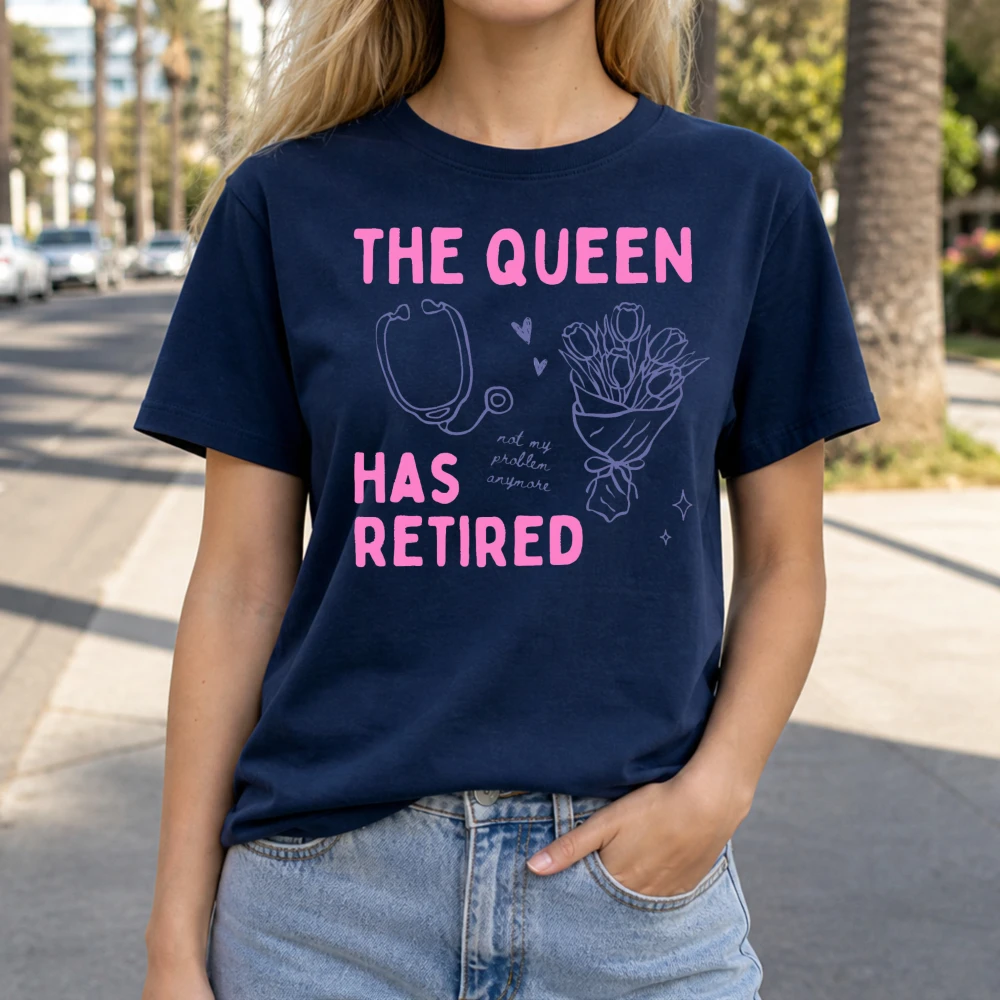 The Queen Has Retired Stethoscope Floral Sketch Print T Shirt Women Crew Neck Short Sleeve Tee Unique Line Art Graphic Top
