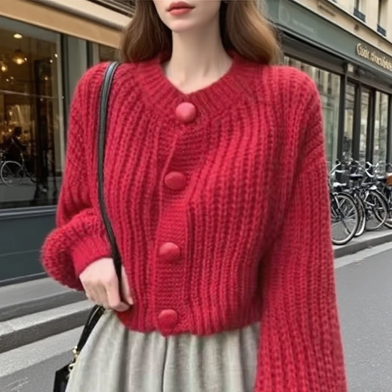 

2025 Autumn Korean style cardigan round neck solid color single breasted knitted jacket sweet office fashion jacket sweater6784