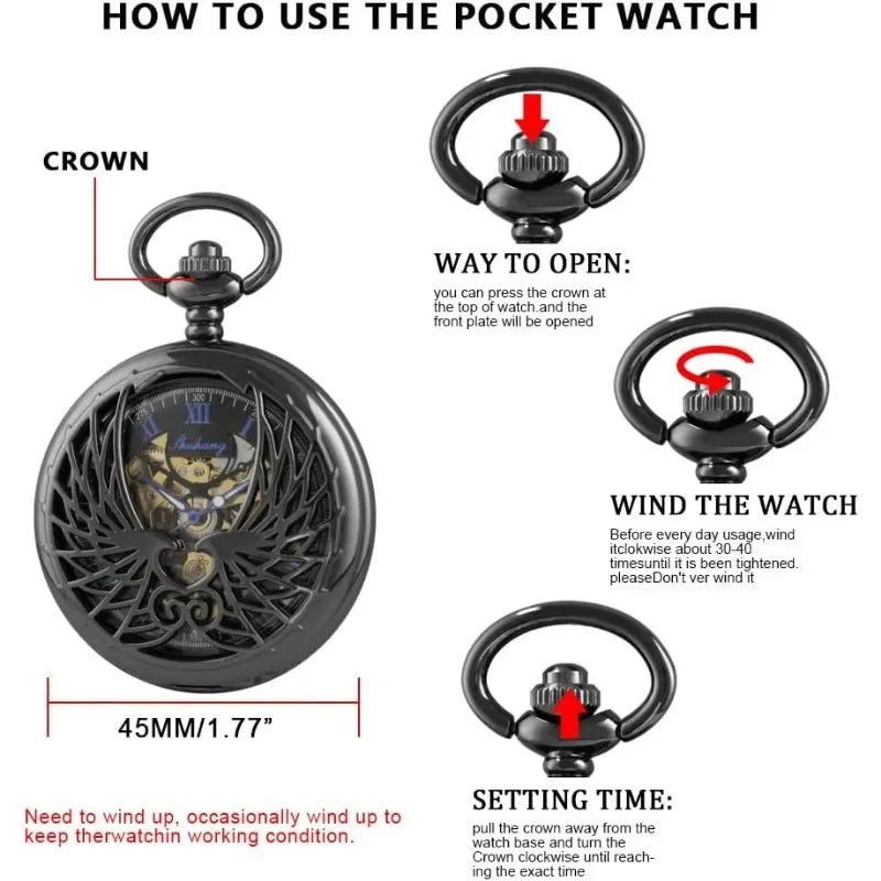 Men's double-open case black wings design mechanical pocket watch, skull case Roman digital mechanical pocket watch