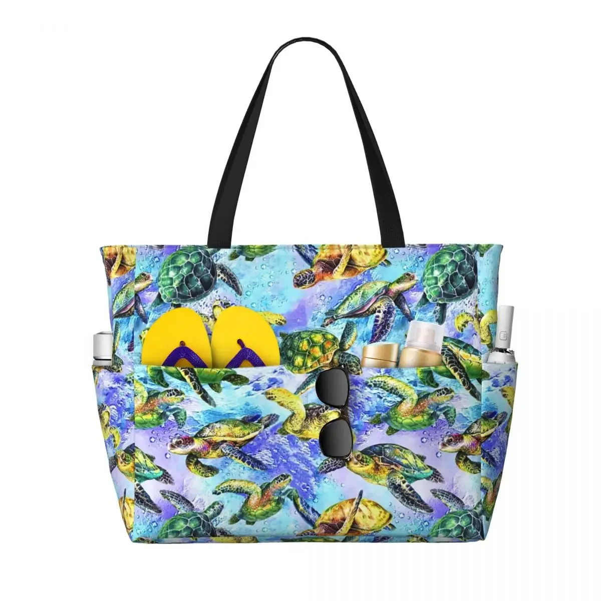 Custom Colorful Turtles Beach Tote Bag for Women Ocean Animal Lover Big Compartment Beach Gym Travel Bags